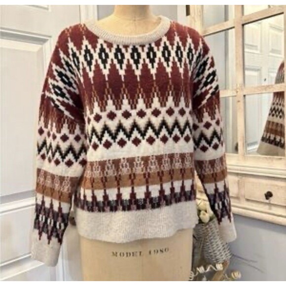 NWT Frye Women Size XL Fair Isle Crewneck Sweater Relaxed Aztec With a Flaw - Picture 7 of 10